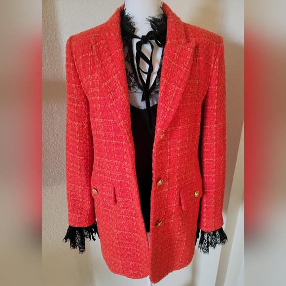 Zara Tweed Blazer Vibrant Red/Orange, Gold Buttons, Size Medium - Picture 3 of 15